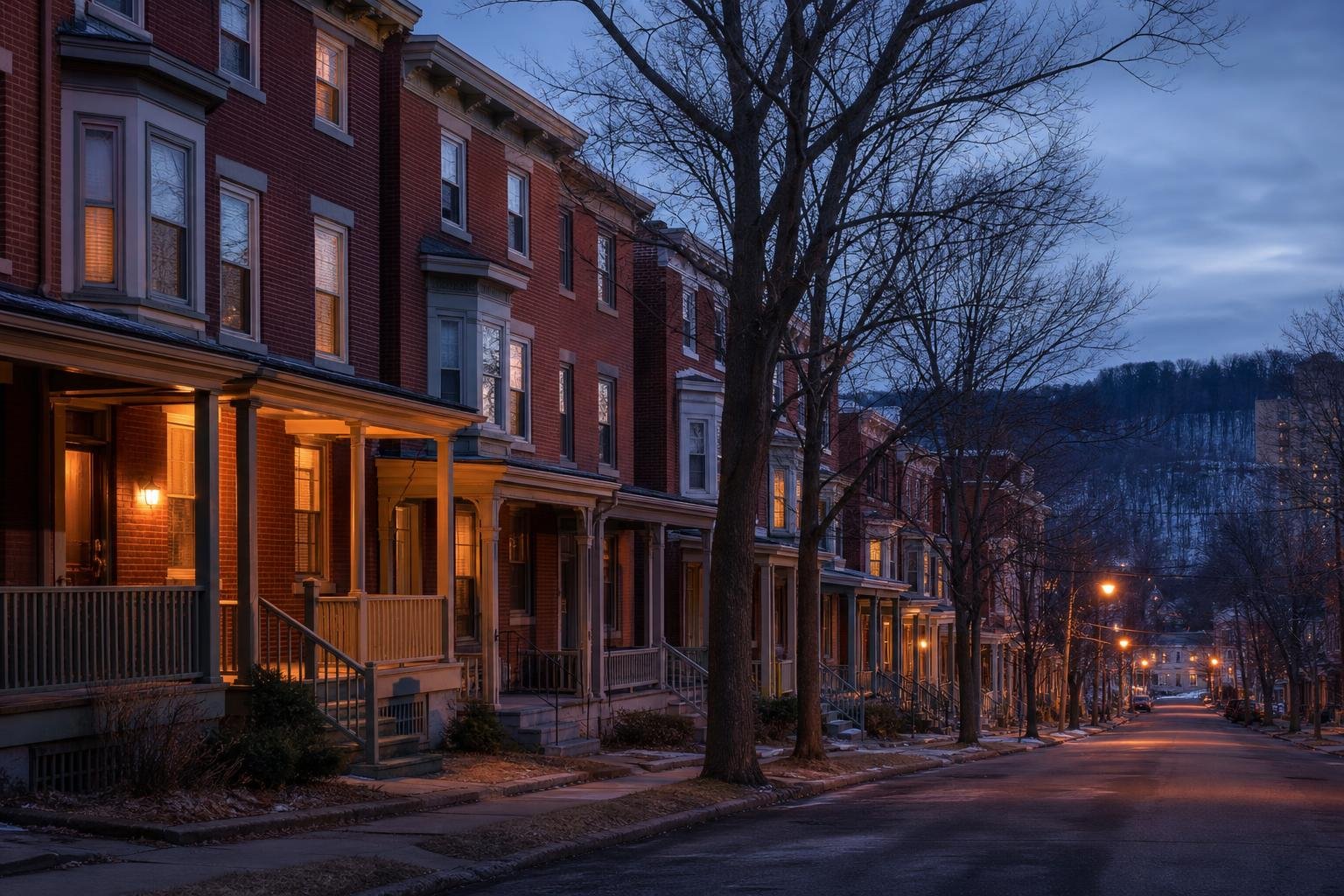 A quiet residential street lined with brick row houses at dusk, with warm porch lights and bare trees along the sidewalk.