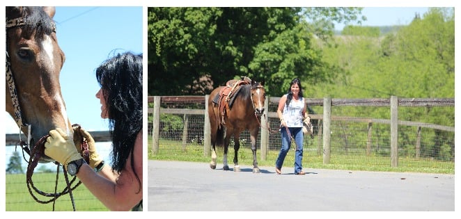 Paula Robinson leading a saddled horse on a pathway, wearing professional attire