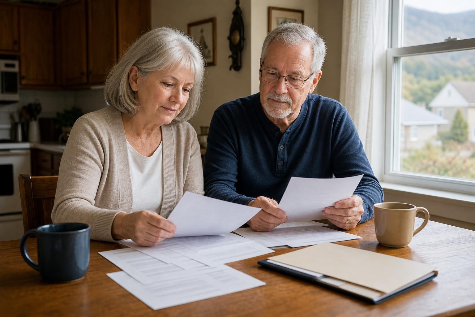 An older couple sits at a wooden table in a kitchen, each holding paperwork and reviewing documents together by a window.